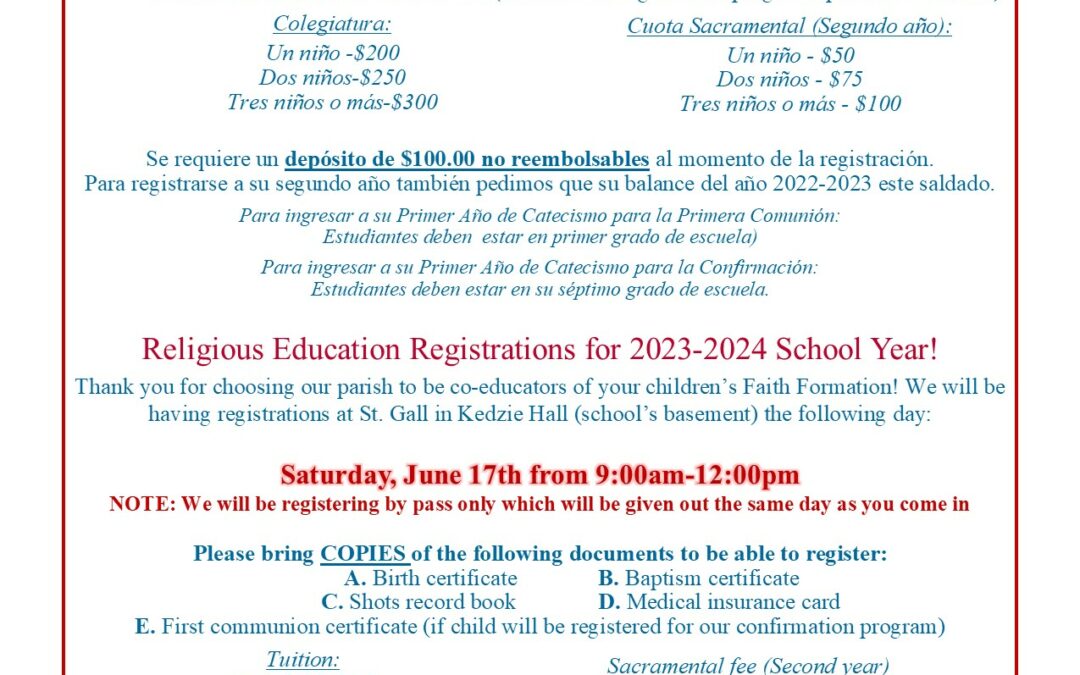 Religious Education Registrations for 2023-2024